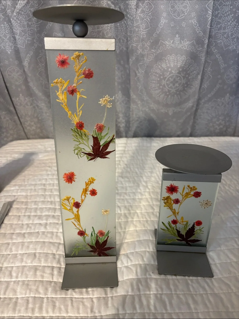 Frosted Floral Lantern Pair in Gray with Red & Yellow Accents